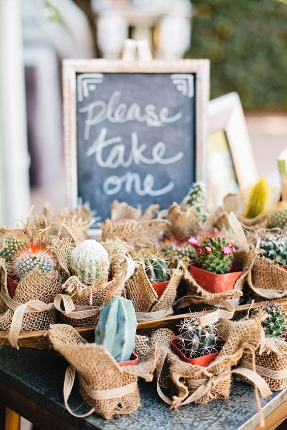 Adorable burlap wrapped cactus. Perfect for a cinco de mayo fiesta bridal shower favor // Get inspired with these Elegant Mexican Fiesta / Cinco de Mayo Themed Bridal Shower Ideas. // mysweetengagement.com