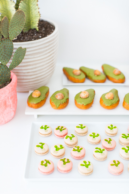 Avocado inspired donuts and cactus macarons // Get inspired with these Elegant Mexican Fiesta / Cinco de Mayo Themed Bridal Shower Ideas. // mysweetengagement.com