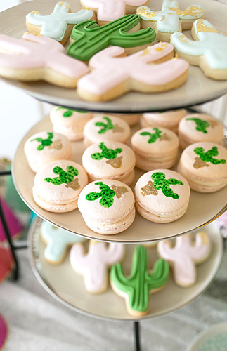 Cute cactus cookies and macarons for a sweet cinco de mayo themed bridal shower // Get inspired with these Elegant Mexican Fiesta / Cinco de Mayo Themed Bridal Shower Ideas. // mysweetengagement.com