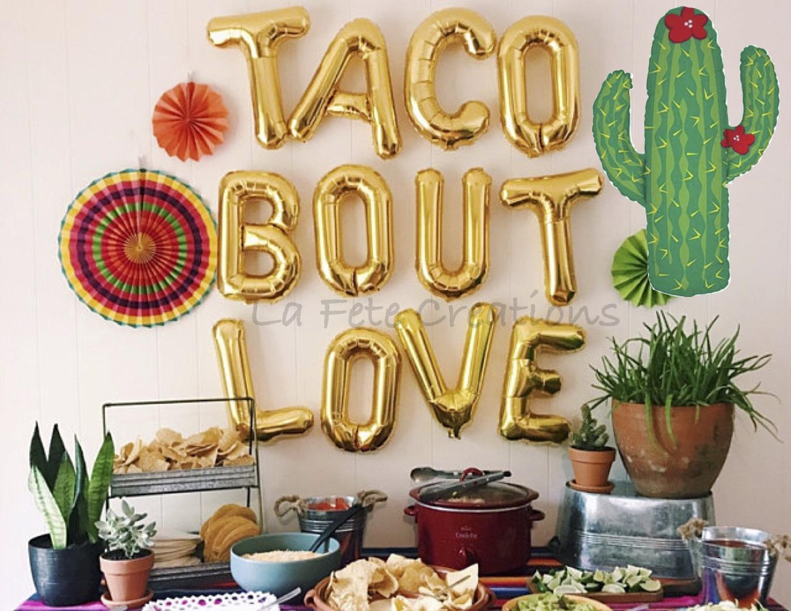 Let's Taco Bout Love gold balloons wall decor for a fiesta themed bridal shower // Get inspired with these Elegant Mexican Fiesta / Cinco de Mayo Themed Bridal Shower Ideas. // mysweetengagement.com