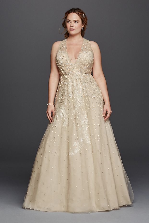 Gorgeous V neck A-line wedding dress with tulle skirt and glimmering golden floral appliques. // mysweetengagement.com