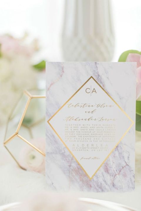 Marble wedding theme ideas: purple marble wedding stationery with gold geometric accent. // mysweetengagement.com