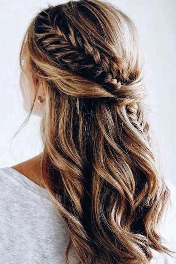 Loose waves with braided half up half down hairstyle idea. // Gorgeous half up half down bridal hairstyle ideas to impress on your wedding day. // mysweetengagement.com