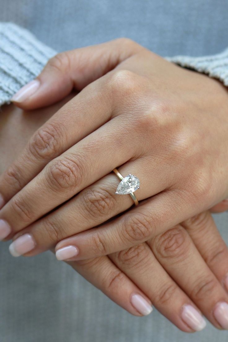 Pear shaped (teardrop) engagement ring ideas: solitaire diamond with a gold band ring. // mysweetengagement.com