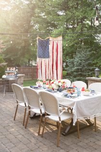 Red, White and Blue: Awesome and elegant patriotic decorations for a 4th of July theme bridal shower. // Ultimate chic Americana I Do BBQ party decor with a unique vintage ribbon American flag. // mysweetengagement.com