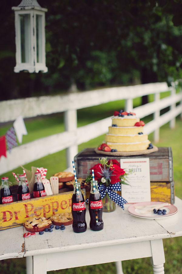 Red, White and Blue: Awesome and elegant patriotic decorations for a 4th of July theme bridal shower. // Is cake time yet? Some mini coca cola drinks will help to keep your guests cool fro an Americana I Do BBBQ. // mysweetengagement.com