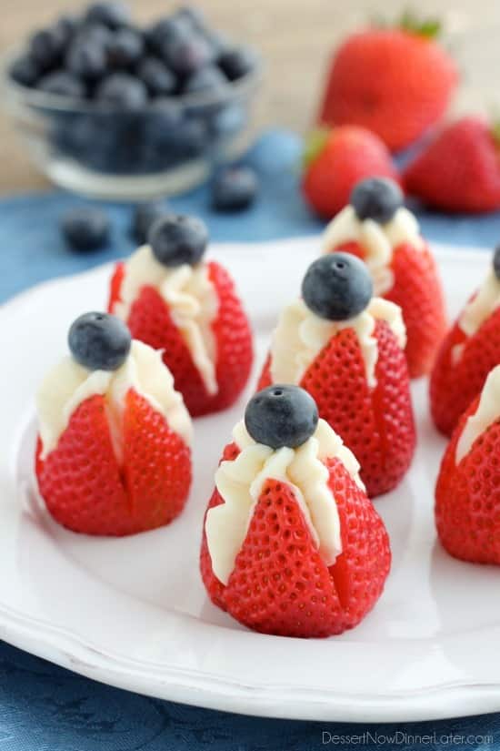 Red, White and Blue: Awesome and elegant patriotic decorations for a 4th of July theme bridal shower. // These patriotic cheesecake stuffed strawberries are a must-do for your Americana party. Get the recipe for this and more here! // mysweetengagement.com