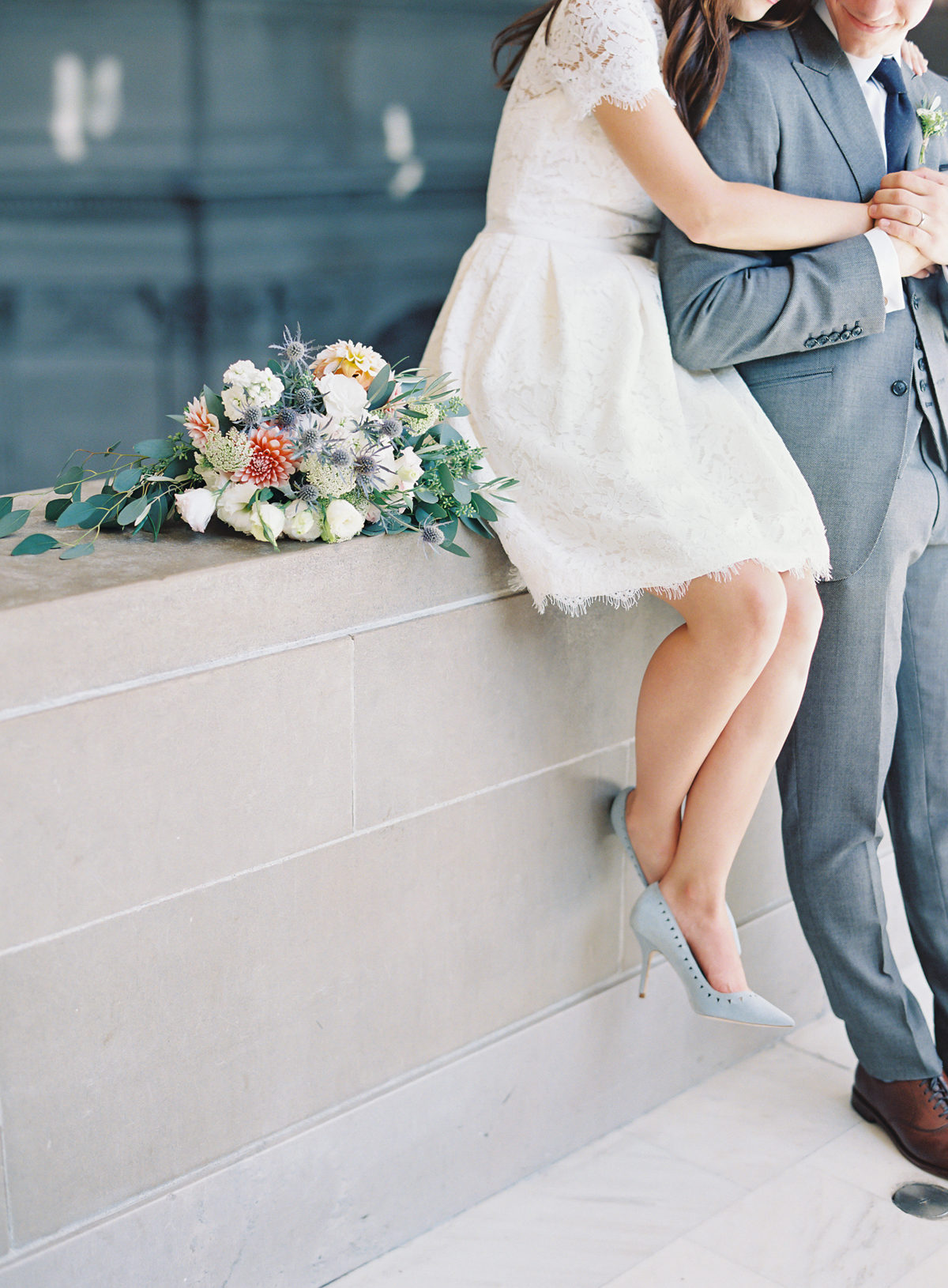 Lovely lace little white dress inspiration for the courthouse wedding. For her something blue, this bride wore dusty blue heels. // See more: 20 Stunning Civil Wedding Outfit Ideas to Make it Official In Style. // mysweetengagement.com