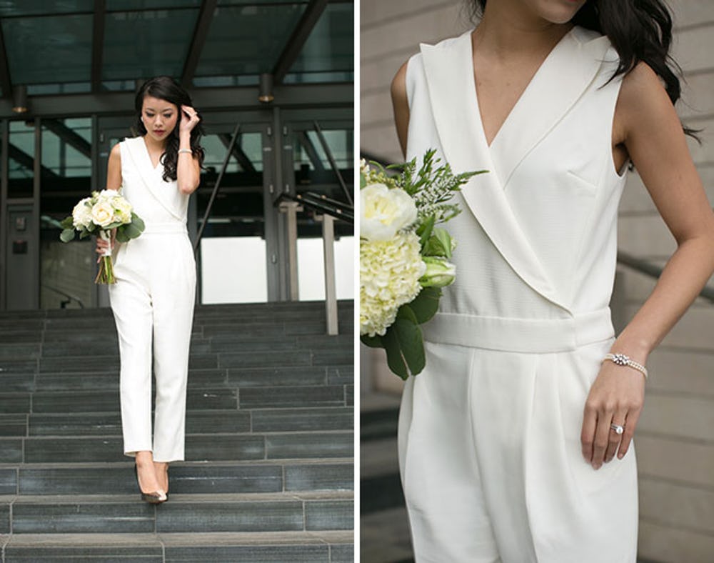 Minimalist modern bridal jumpsuit idea. // See more: 20 Stunning Civil Wedding Outfit Ideas to Make it Official In Style. // mysweetengagement.com