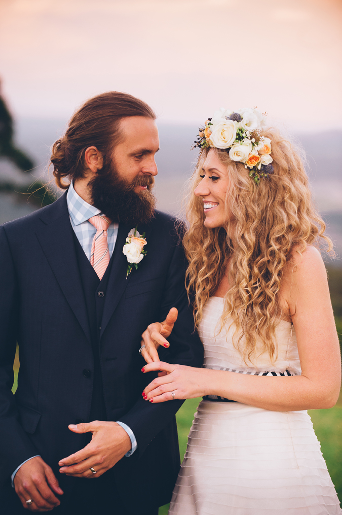 Blonde bride with natural curly hair and floral crown // mysweetengagement.com