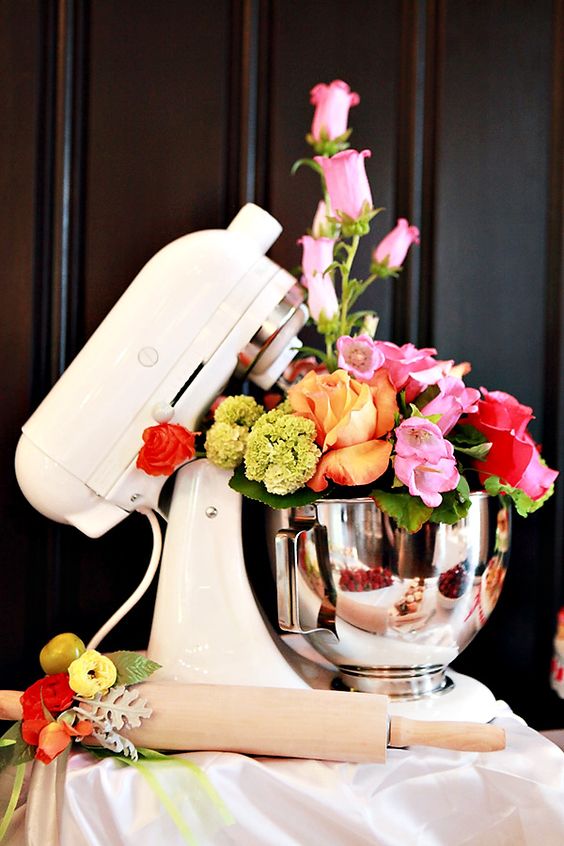 Top Creative Bridal Shower Theme Ideas. Kitchen Themed Party. Fill up a food mixer with fresh flowers for an unexpected and unique party decor. // mysweetengagement.com
