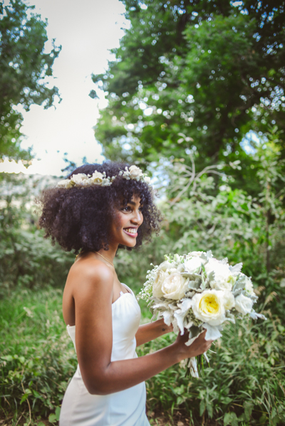 Medium length natural curl hair bride with floral crown // mysweetengagement.com