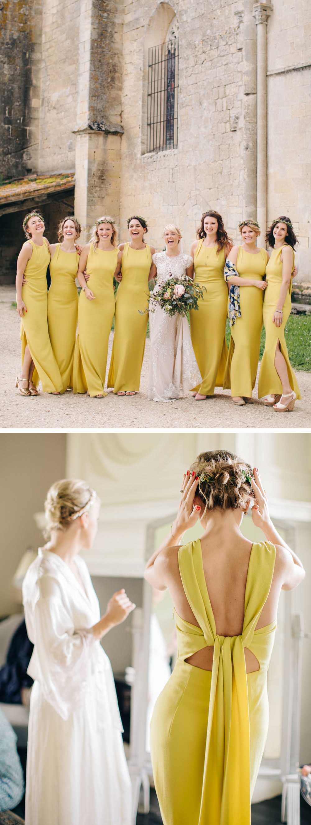 long lenght mustard bridesmaid dresses with side slit