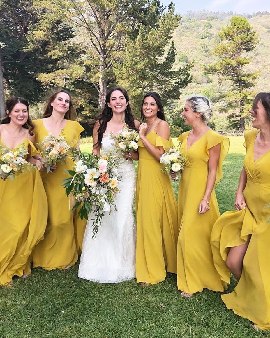 long length yellow mustard bridesmaid dresses