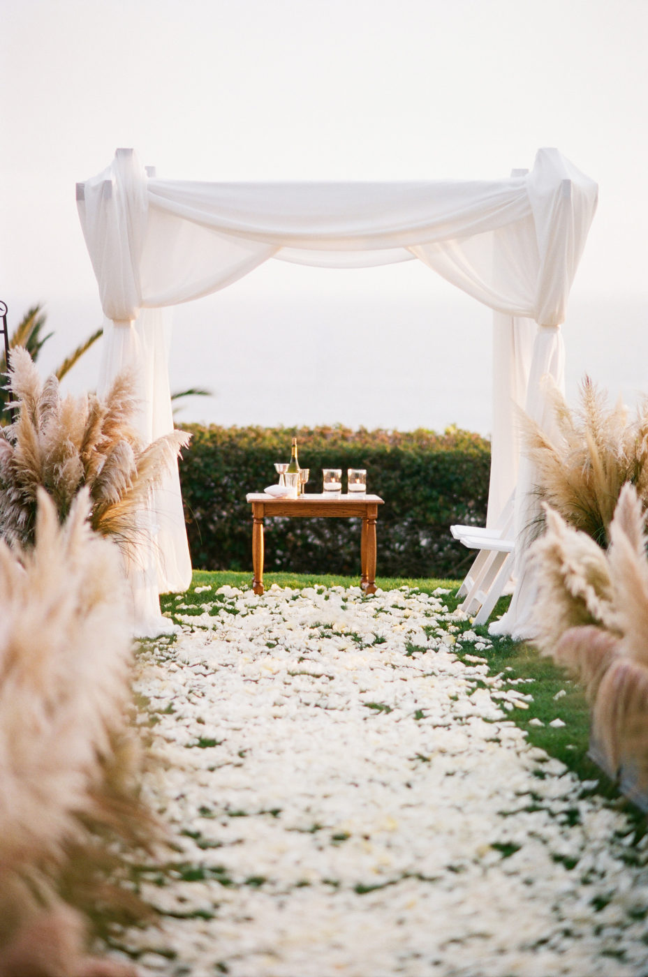 All white minimalist outdoor wedding ceremony with pampas grass aisle decor.