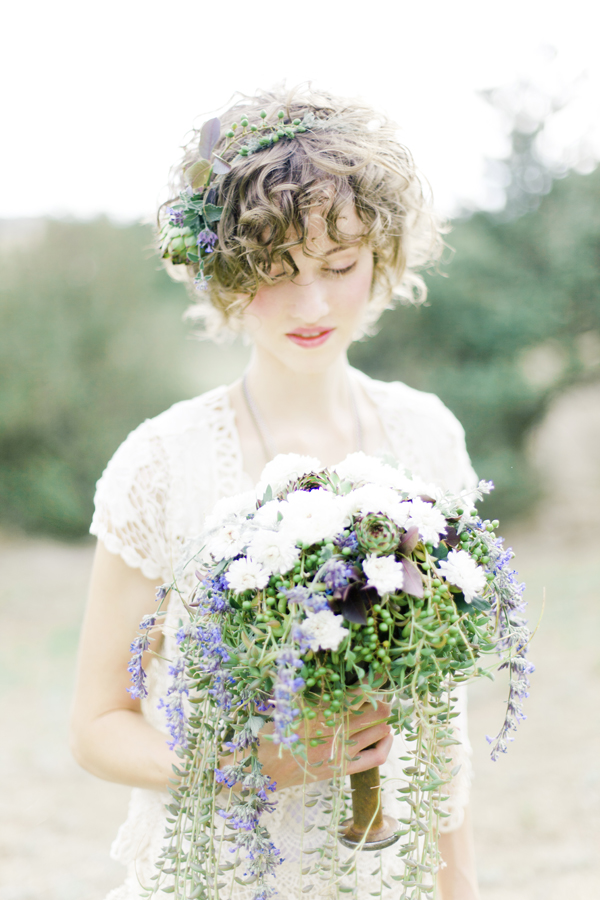 Short natural curly bridal hair with floral crown // mysweetengagement.com