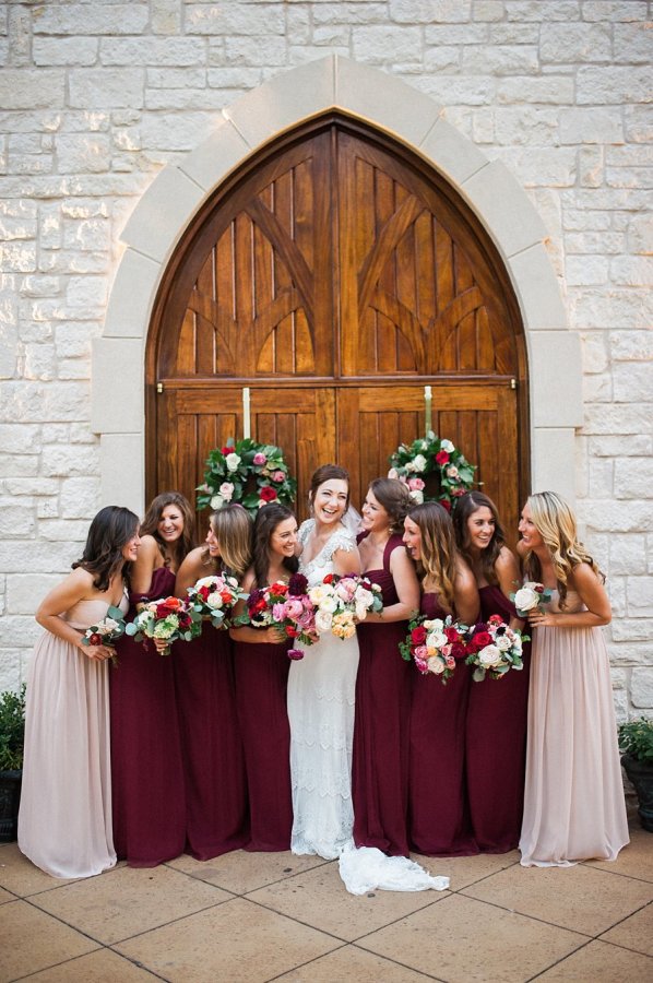 Mix and match burgundy and blush pink bridesmaid dresses. // Burgundy Bridesmaid Dresses Ideas // https://mysweetengagement.com/burgundy-bridesmaid-dresses/ 