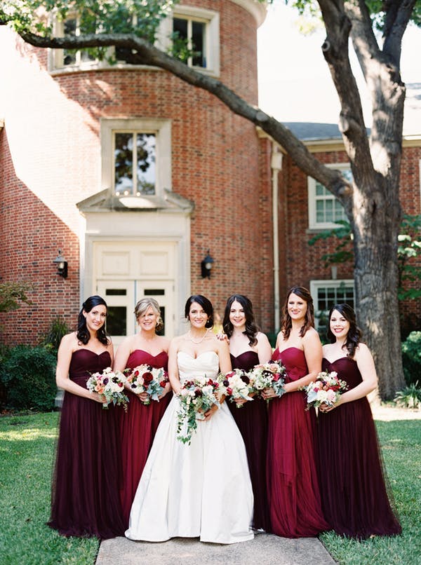 Mix and match burgundy and marsala bridesmaid dresses. // Burgundy Bridesmaid Dresses Ideas // https://mysweetengagement.com/burgundy-bridesmaid-dresses/ 