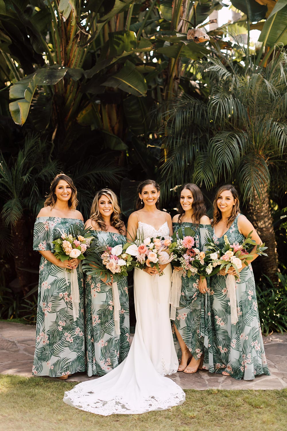 Off the shoulder long bridesmaid dresses with palm tree leaves patterns