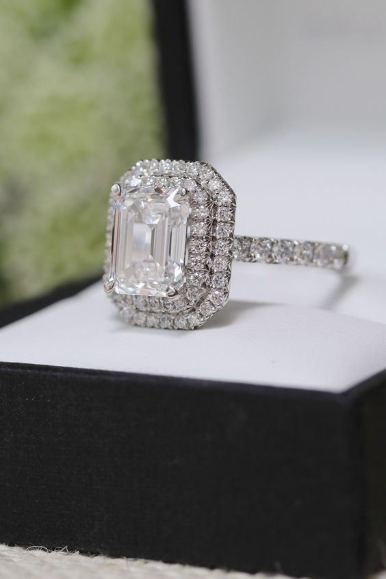 double halo emerald cut diamond engagement rind