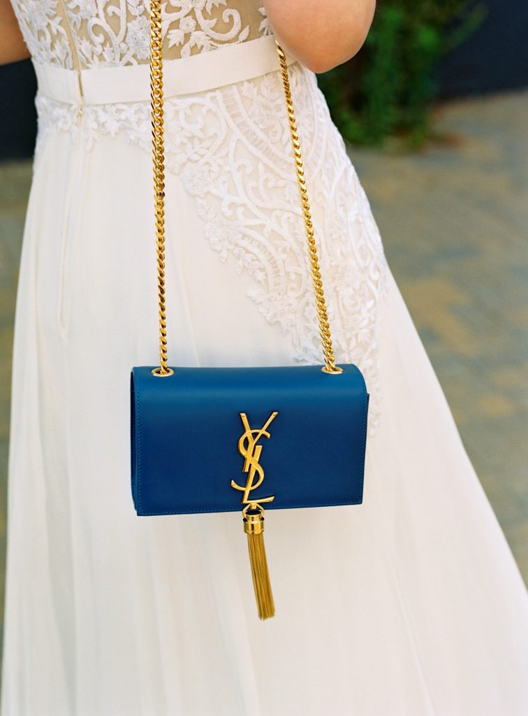 Pantone classic blue Yves Saint Laurent bridal clutch with gold details