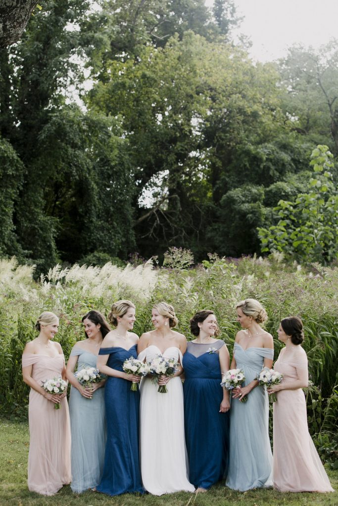 mix and match bridesmaid dresses on classic blue, dusty blue and blush colors