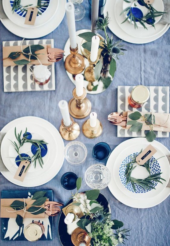 table decor with white and blue dishes