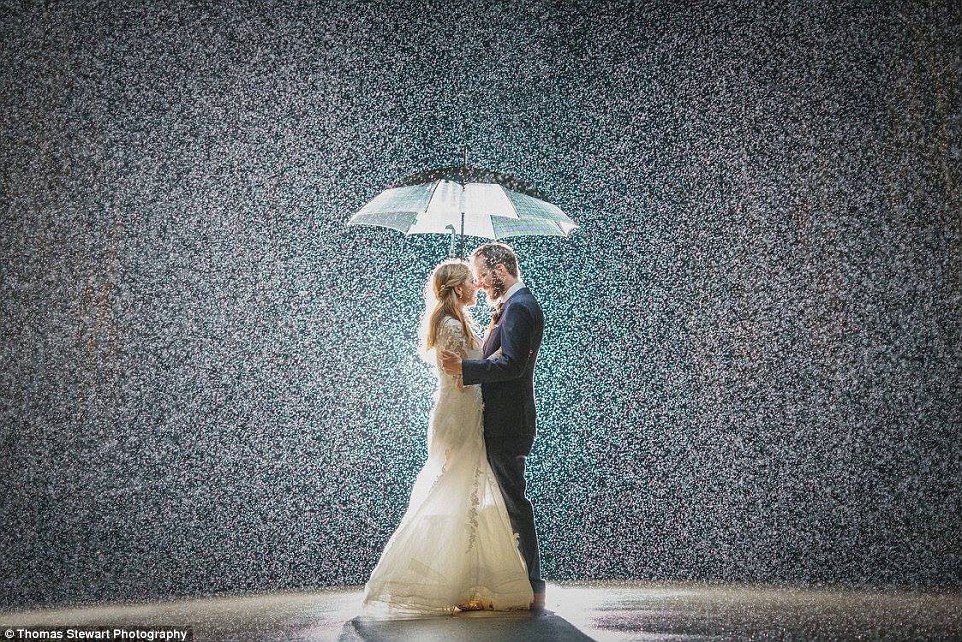 bride and groom posing under an umbrella on a rainy night