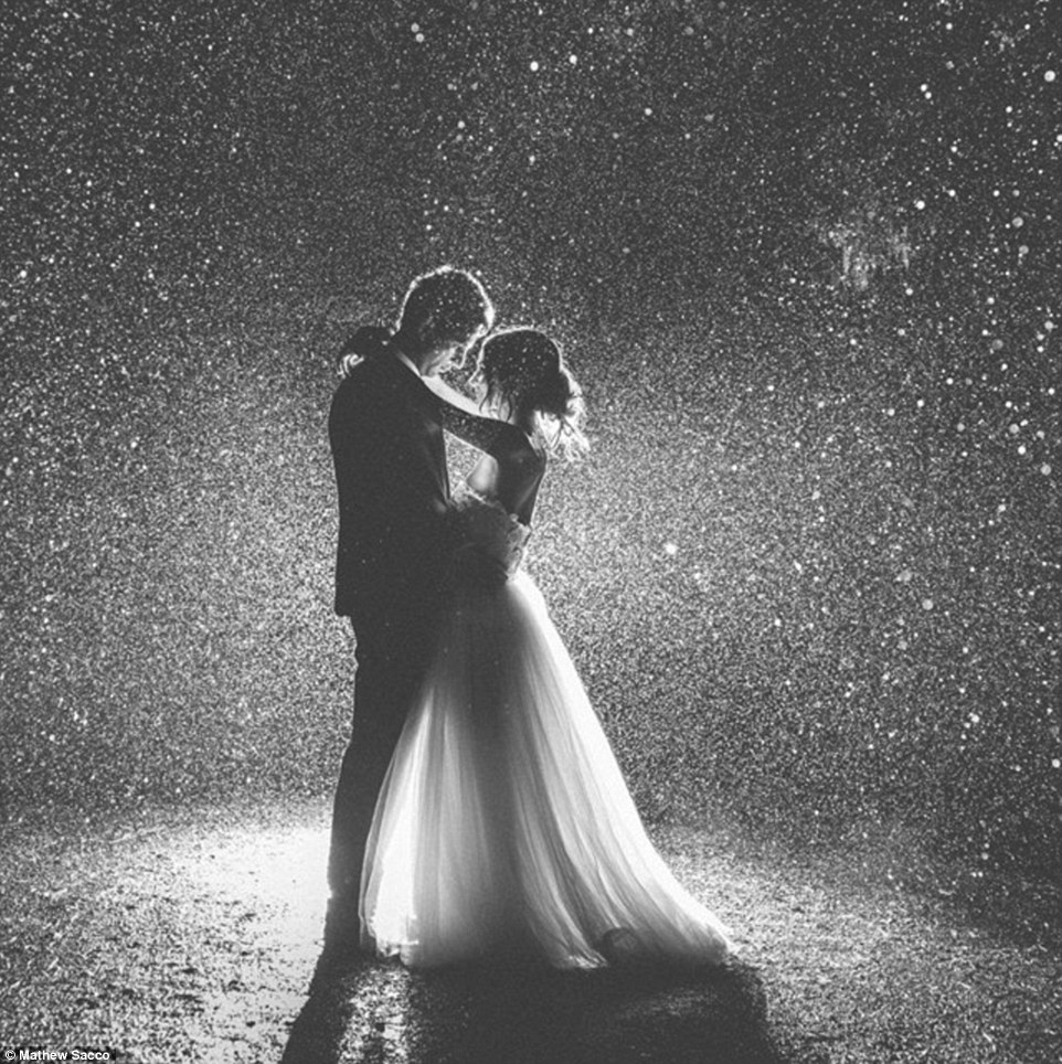 bride and groom hugging on a rainy night