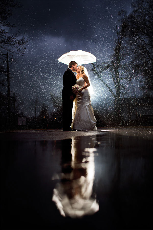 bride and groom kissing under an umbrella on a rainy night