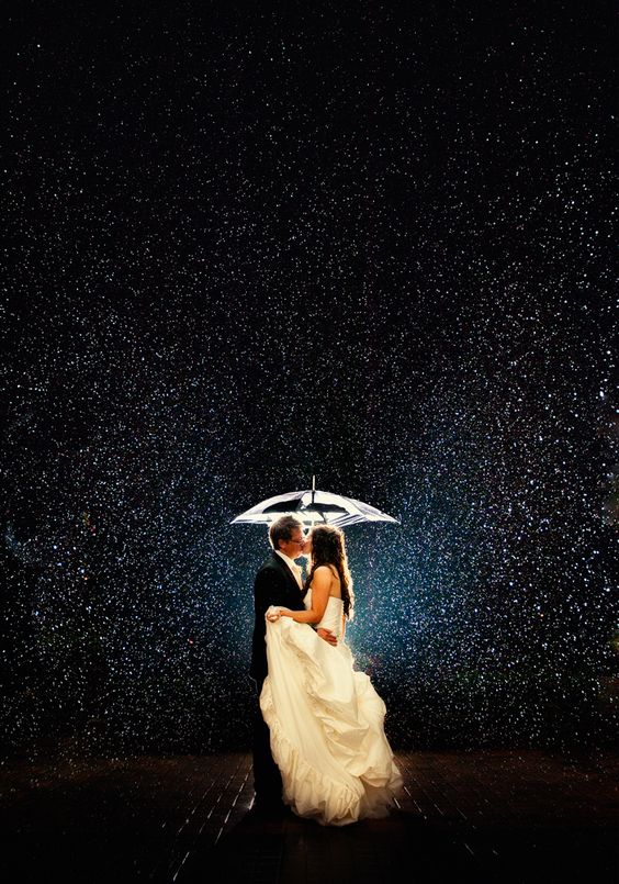 bride and groom kissing under an umbrella on a rainy night