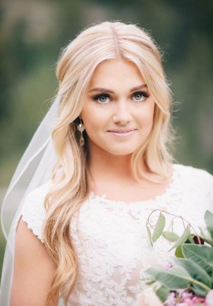 blonde bride wearing her hair half up half down with lose strands around her face and a veil