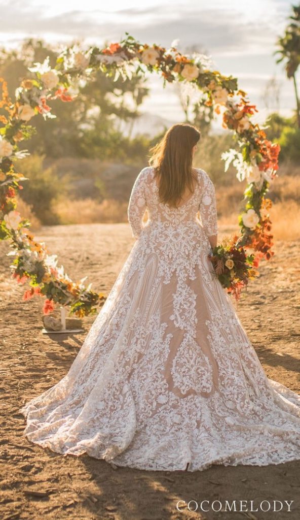 Plus size long sleeve lace wedding dress for curvy bride