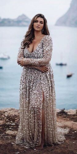 Sparkly long sleeve gold plus size wedding dress for curvy bride
