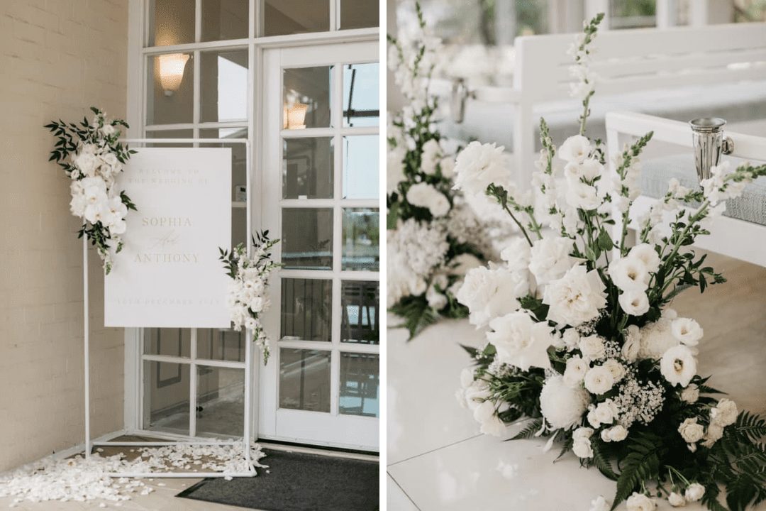 Wedding ideas with the color white: white wedding sign and flowers
